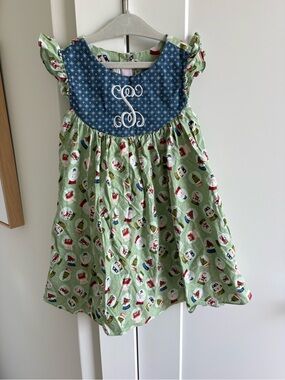 Ric Rac & Ruffles Holiday Print Dress with Embroidered “S”